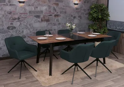 Produktbild von 6er-Set Esszimmerstuhl HWC-O47, Küchenstuhl Armlehne, drehbar Auto-Return, Stoff/Textil (270g/m²)  petrol