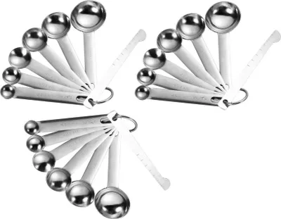 Produktbild von 3 x 6 teiliges Messlöffel Set Edelstahl | Dosierlöffel mit Messlineal für Backmessen, Trockenrationen | Dosierhilfe beim Kochen und Backen | Kaffeemaß | kompakte & platzsparende Messbecher