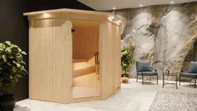 Produktbild von Karibu Sauna Innensauna Siirin Eckeinstieg Ofen 9 kW integr. Strg 210x184x202 cm mit Dachkranz mit Klarglastür