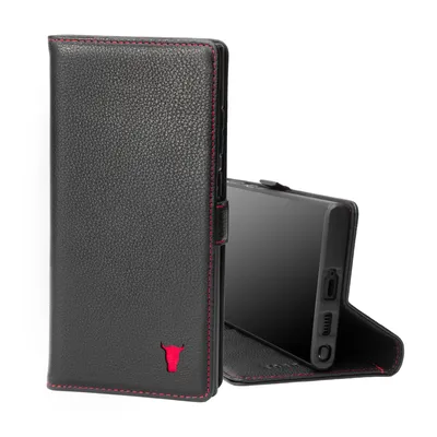 Produktbild von Galaxy S22 Ultra Leder-Wallet-Hülle (mit Standfunktion) - Schwarz mit Rotem Detail