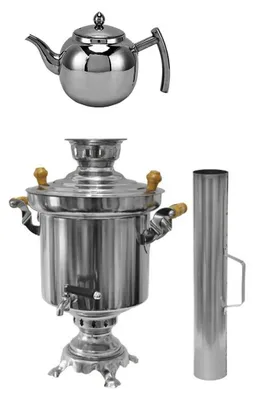 Produktbild von Edelstahl Holzkohle Samowar 5 Liter mit Schornstein + 1,5 Liter Design Edelstahl Teekanne mit Sieb