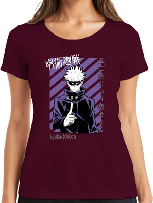 Produktbild von Jujutsu Kaisen Gojo Satoru Anime Manga lila Streifen Fan Vintage Damen T-Shirt, Burgundy, S