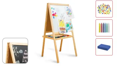 Produktbild von Kinder Spiel-Tafel Doppelseitig, Whiteboard und Kreideoberfläche, Rahmen aus Holz 120 cm Kindertafel, Breiter Rahmen, klappbare Ablage, Staffelei, Whiteboard-Magnetisch + Zubehőr - Chalkpack 6 Farben,