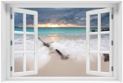 Produktbild von Wallario Premium Glasbild mit Fensterrahmen, freischwebende Optik, kräftige Farben, Größe 60 x 90 cm Motiv Wellen am Strand bei Sonnenuntergang