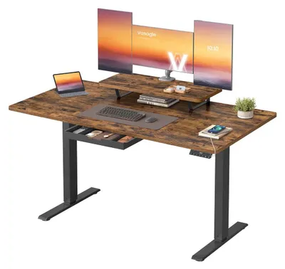 Image de Bureau réglable en hauteur - électrique, avec fonction assise/debout - avec port USB - couleur marron - dimensions 140 x 70 cm