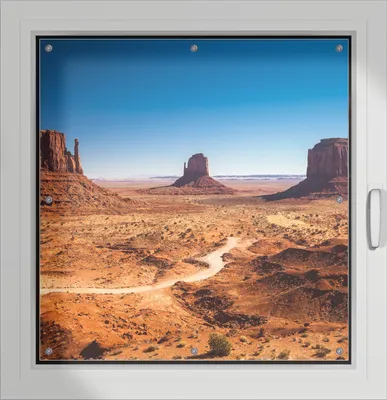 Produktbild von Wallario Lichtschutzbild, Dekorativer Sichtschutz Sonnenschutz 96 x 100 cm mit Motiv: Monument Valley unter blauem Himmel - Verdunklung ohne Bohren