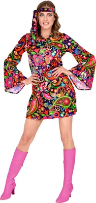 Produktbild von 70's Kleid Hippie Girl mit Stirnband Flower Power Karneval Fasching Party, Groesse:XL