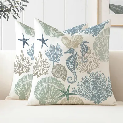Produktbild von 2er Set Outdoor Kissen 40x40 cm Wetterfest Blau Maritim Seestern Hippocampus