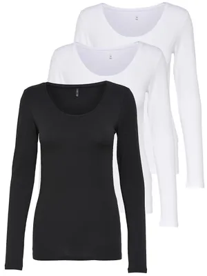 Produktbild von ONLY 3er Pack Damen Langarmshirt schwarz und weiß Langarm Basic Longsleeve Sommer aus 95% Baumwolle XS S M L XL 15209156
