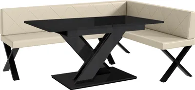 Produktbild von MEBLINI Eckbank für Esszimmer mit ausziehbarem Tisch  - Küchenbank - Essecke - Sitzecke Küche - ERIC - X-Beine 142x196x87cm Rechts - Creme Kunstleder/B Schwarz Hochgl.