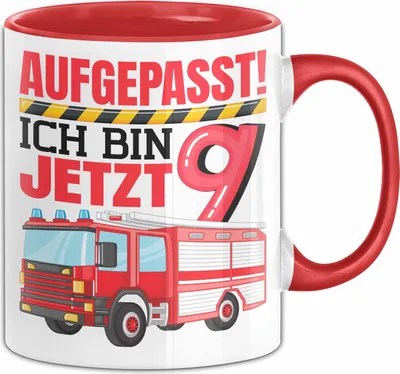 Produktbild von 9. Geburtstag Geschenk Tasse Becher Jungs Feuerwehr Aufgepasst Ich Bin Jetzt 9 (Rot)
