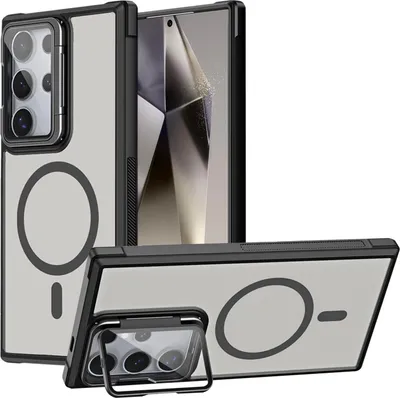 Produktbild von Conie MagSafe Schutzhülle für Samsung Galaxy S24 Ultra Hard Case Kunststoff Kamera Schutz Cover Hülle magnetisch mit Ständer in Schwarz