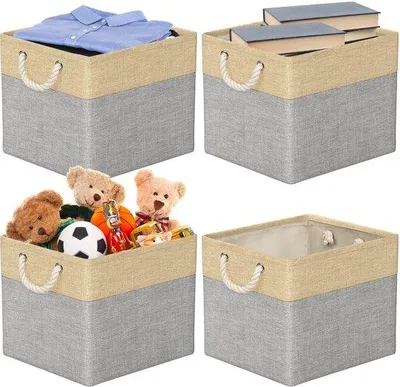Produktbild von Unyqoos® 4er-Set faltbare Stoff-Aufbewahrungskörbe 33 x 38 x 33 cm – stabile Körbe mit Metallrahmen & Baumwoll-Seilgriffen, für Regal & Schrank