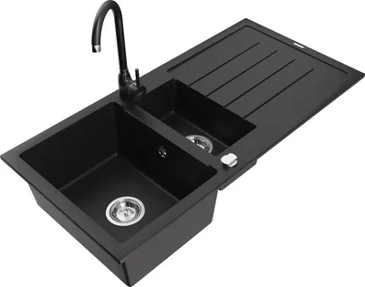 Produktbild von Mexen Andres 1,5-Becken-Granitspüle mit Abtropffläche und Mischbatterie Telma, Schwarz - 6515-77-670200-70
