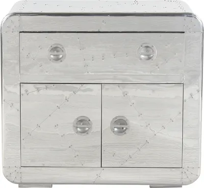 A front view of a silver cabinet with two drawers and two doors.
