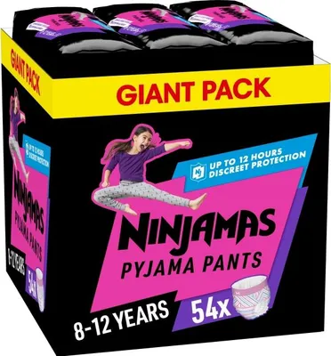 Productafbeelding van Pampers Ninjamas absorberende broekjes voor meisjes (8-12 jaar, 27-43 kg), 54 stuks. Geschikt als pyjamabroekje
