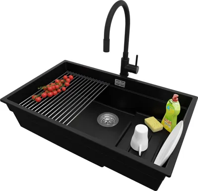 Produktbild von PRIMAGRAN Granitspüle Schwarz 76x47cm, Spülbecken 1 Becken + Ablauf-Set + Küchenzubehörset, Küchenspüle ab 80er Unterschrank - Praga Slim