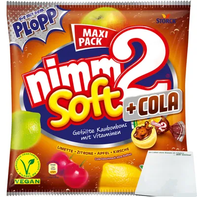 Produktbild von Nimm2 Soft + Cola gefüllte Kaubonbons mit Vitaminen (345g Maxi Pack) + usy Block