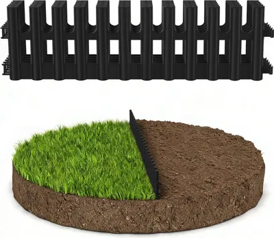 Produktbild von Faziango Plastik Rasenkante 6-teilig Set | 43x13 cm Hoch | Flexible Beetumrandung Garten | Witterungsbeständig Schwarz | Inklusive 12 Erdnägeln 20 cm