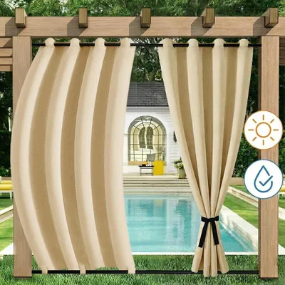 Image de 1x Garden Outdoor Rideau Résistant aux Intempéries Avec Œillets Étanche Protection visuelle Protection UV Pour Balcon Terrasse Patio Pavillon, 132x243cm, Beige