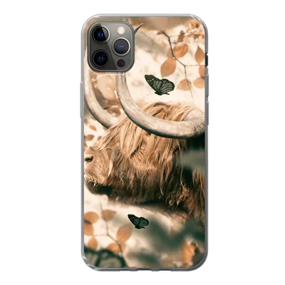 Produktbild von MuchoWow® Handyhülle Schutzhülle Hülle für iPhone 12 Pro Max Schottische Highlander - Schmetterlinge - Blätter Silikon Softcase Handy Hülle - Hartschale