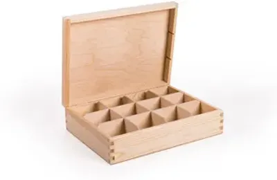 Produktbild von Teebox aus natürlichem Kiefernholz - Teekiste mit 12 Fächer und Deckel - Teebox - Teekasten - HolzBox - Unbehandelt - Tee-Organizer