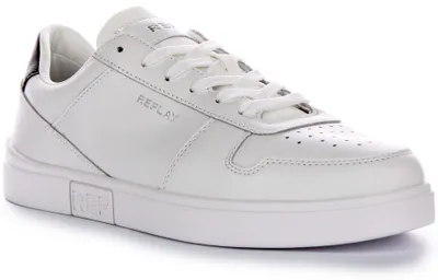 Produktbild von Replay Polys Court 3 Herren Lederschuhe mit offenem Muster und seitlichem Logo in Weiß Blau – 7 Großbritannien - 41 EU - 8 US / Weiß Blau