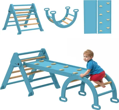 Obrázek produktu pro Montessori Pikler lezecký trojúhelník – 7 v 1 s obloukem a rampou – skládací – topolové a borovicové dřevo – 188 × 70 × 59 cm – 18–48 měsíců – klouzání a lezení – modrá