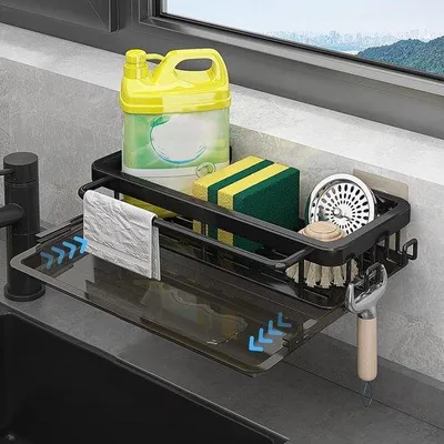 Produktbild von Küchenabflussorganizer hängend ohne Bohren - multifunktional 2-in-1 Küchenabflussrek - Spülbeckenhalter für Küchenutensilien - schwarzer Spülbeckenhalter Magnet