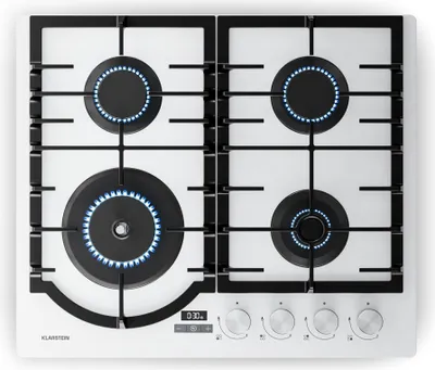 Obrázok produktu pre Klarstein Ignito plynová varná doska, 4 horáky, hliník, 8000 W, časovač a regulácia teploty, ochrana proti zlyhaniu plameňa, liatinový rošt pod hrniec, plynová varná doska na zemný plyn a LPG, 60x51 cm, biela