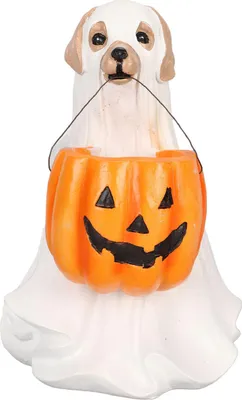 Produktbild von Halloween-Geisterhund-Figur aus Harz – mit Kürbis, niedlich & gruselig, handgefertigt, wetterfest, für Innen & Außen, perfekte Deko