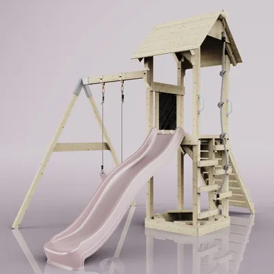 Produktbild von OutdoorToys Spielturm mit Wellenrutsche und Kinder-Schaukel, Outdoor Klettergerüst Garten, Ausführung: Kinderschaukel, Farbe: Altrosa, mit Kinderschaukel
