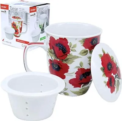Produktbild von Teetasse Becher Tasse mit Deckel und Sieb Mohnblumen