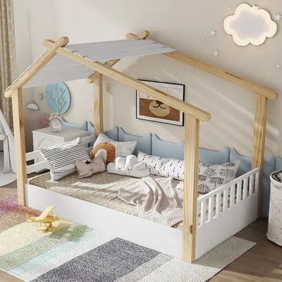 Productafbeelding van Bedframe voor kinderbed, 90x190 cm, wit, naturel, gemaakt van grenen, spaanplaat en MDF, met een huisontwerp en een lattenbodem, geschikt voor de slaapkamer