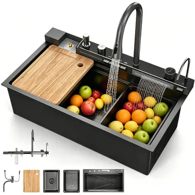 Immagine prodotto di Lavello da cucina - Vasca singola - 80 x 45 x 23 cm - Acciaio inossidabile - 4 fori - Con miscelatore - Nero