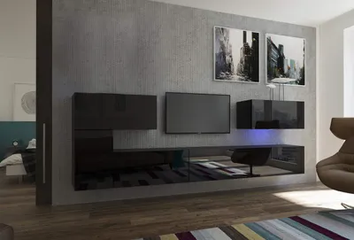 Produktbild von Furnitech Wohnwand Wohnzimmer - Wohnzimmer Möbel mit LED RGB - 16 Farben - Hängend Wohnwand Modern - Regale und TV Schrank (AN12-18B-HG1 1A)