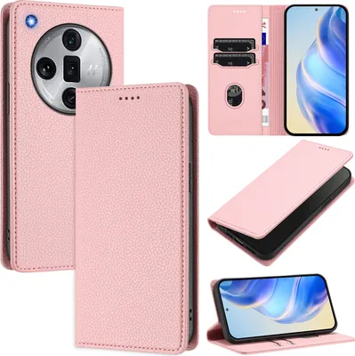 Produktbild von Litchi Leder Handyhülle für Oppo Find X7 Ultra Wallet Kartenfächer Standfunktion Hülle Pink