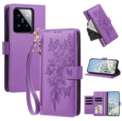 Produktbild von Handyhülle für Xiaomi 14, Wallet Case Kunstleder mit Kartenfächern, Reißverschluss und Handschlaufe Lila