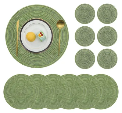 Immagine prodotto di Set di 6 tovagliette e sottobicchieri, rotondi, intrecciati, lavabili, resistenti al calore, antiscivolo, verdi, diametro 38 cm