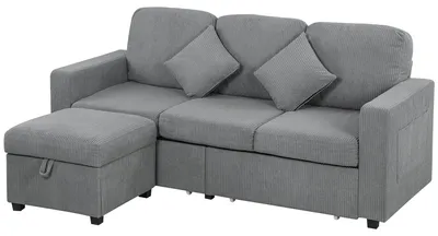 Produktbild von Modulares 3-Sitzer-Sofa mit Stauraumhocker aus Cord, 196 x 139 x 85 cm, Hellgrau