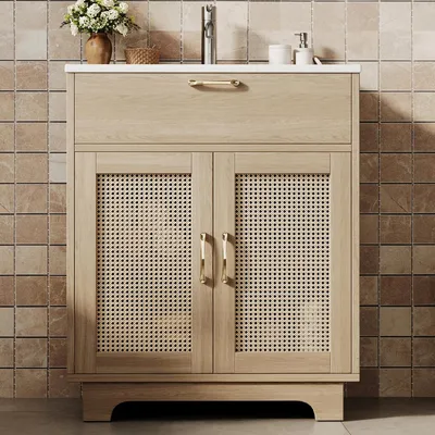 Immagine prodotto di Mobile lavabo da bagno indipendente Natur 76x46x88 cm con lavabo in Vetroceramica, ante doppie con chiusura ammortizzata, cassetti con sistema di sollevamento, resistente all'umidità