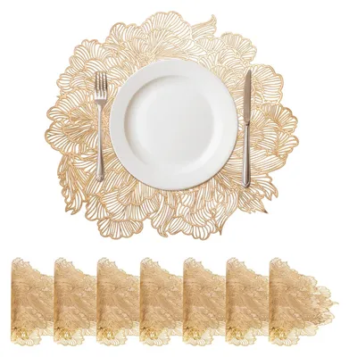 8er-Set runde Platzsets, goldfarben, Blumenmuster, 38 x 38 cm