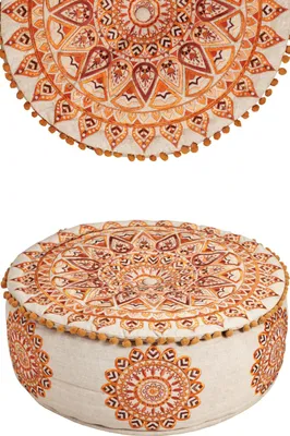 Zdjęcie produktu dla Pufa do siedzenia Marrakech okrągła 50 x 25 cm z wypełnieniem | Orientalny stołek do siedzenia Aziza brązowy wykonany z bawełny z haftowanym motywem mandali | Pufa do siedzenia Boho jako dekoracja salonu sypialni