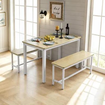 Produktbild von UnboxG Esstisch‑Set 110 cm mit 2 Bänken, Küchentisch 3‑Teilig, Holzoptik‑Tischplatte & Weißem Metallgestell, für 2‑4 Personen