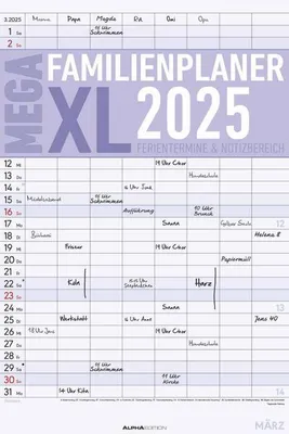 Zdjęcie produktu dla MEGA planer rodzinny XL 2025 z 8 kolumnami - terminarz rodzinny 33x49,5 cm - papier offsetowy - z datami wakacji - planer ścienny - Alpha Edition