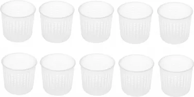 Ten white plastic cheese molds arranged in two rows on a white background.