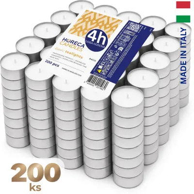 Obrázok produktu pre HORECA CANDLES Čajové sviečky 200 ks, biele, 4 h horenia, bez vône, parafín - sviečky na svadbu, oslavu, párty, dekoráciu a gastronómiu