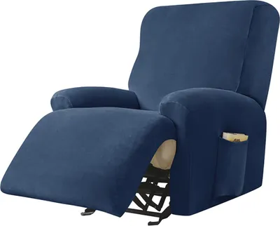 Produktbild von Elastischer Velours-Bezug für Relaxsessel mit Fußstütze (4-teilig) in Dunkelblau Schonbezug