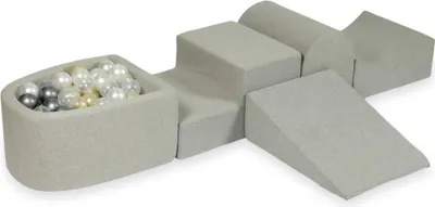 Produktbild von Schaumstoff-Spielset mit Hügel und Mikro-Bällepool – hellgrau mit Bällebadbällen 100 Stück / Hellgold, Perlmutt, Silber, Transparent