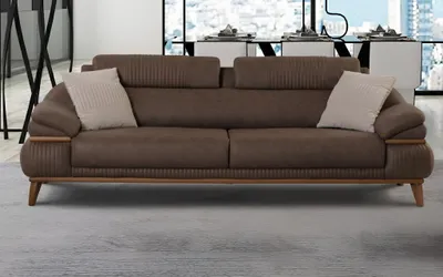 Produktbild von Elegantes 3-Sitzer Sofa Braun mit Holzgestell und bequemer Polsterung